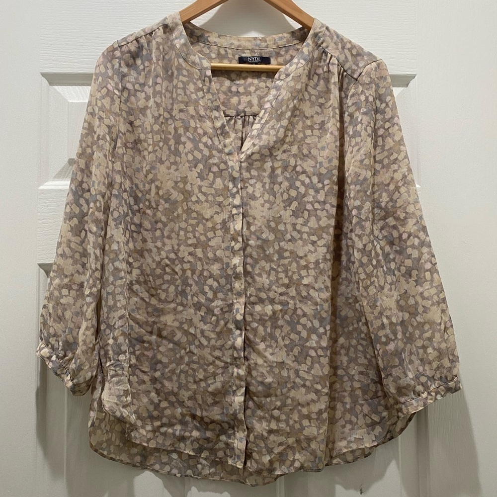 NYDJ Sheer Neutral Watercolor Button Up Blouse with 3/4 Sleeves, Medium M